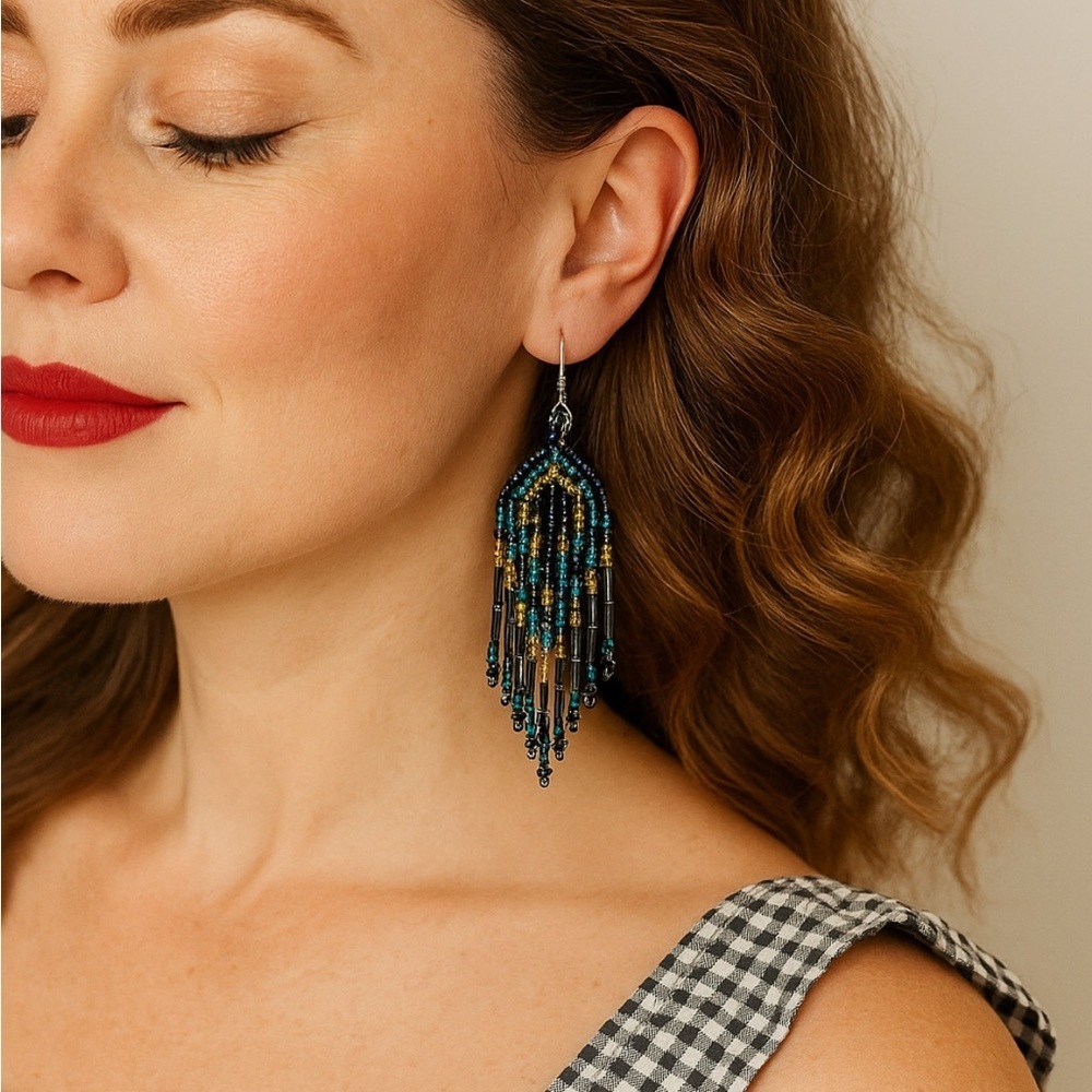 Bohemian Blue Gold Beaded Dangle Earrings Sterling Silver Eclectic Tribal NEW